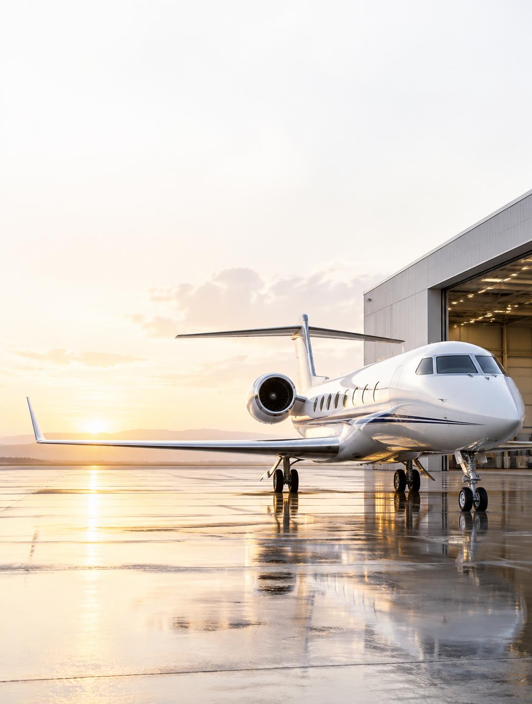 Private jet on a wet ramp at sunrise